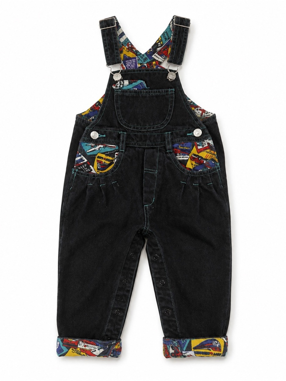 The Children's Place Black Denim Overalls with Colorful Race-Print Lining